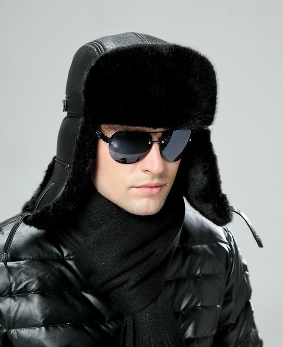 Men's Sheepskin Leather Bomber Hat Winter Trapper Ushanka Aviator