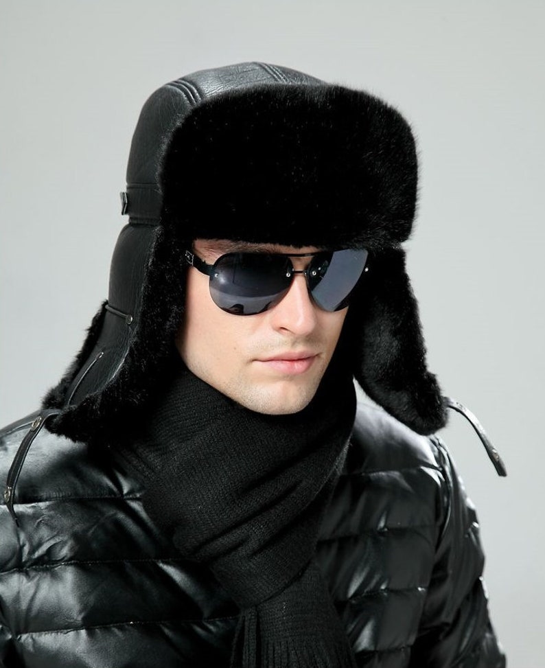 Men's Sheepskin Leather Bomber Hat Winter Trapper Ushanka Aviator Russian Hats image 1