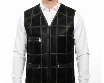 Mens Leather Vest, Genuine Lambskin Vests Black Real Shearling Fur Inside, Casual Warm Motorcycle