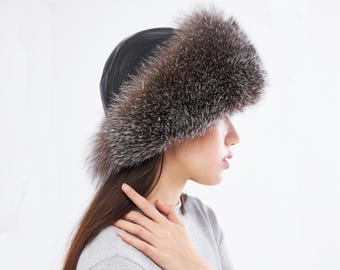 70s 80s Chinese Real Fur Winter Hat Beanie Fabric Lined 