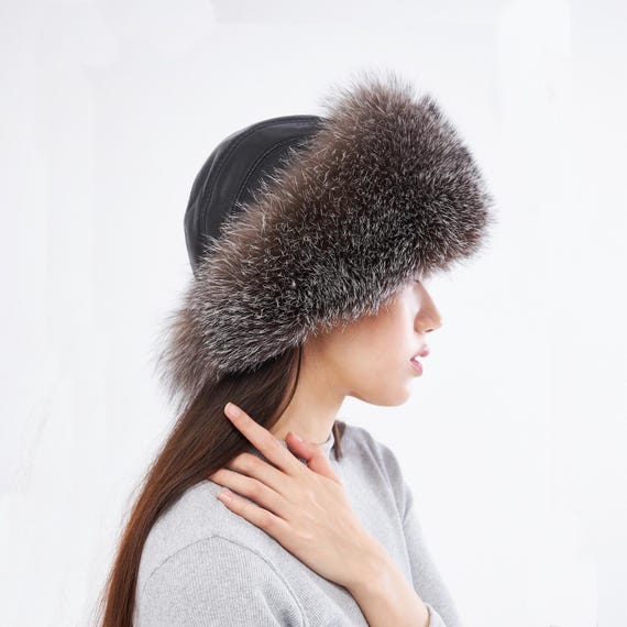 Silver Fox Fur Hat Women Genuine Leather Hats, Winter Cap 