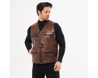 Men's Brown Leather Vest - 8 Pockets, Handmade Quality - Free Shipping