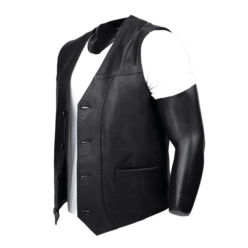 Men's Leather Vest - Soft Black Lambskin Motorcycle Waistcoat- Handmade Fit Turkish Sheepskin Gilet