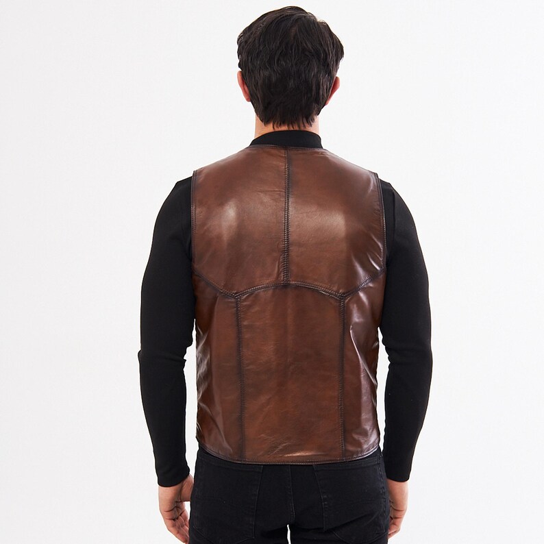 Leather Vest Men Brown Sheepskin Waistcoat Handmade Cowboy Biker Motorcycle Outerwear Western Jerkin