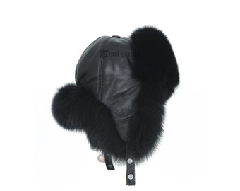 Black Fur Men Hat, Trapper Hat, Black Fox Fur Hat, Fox Fur, Fashion hat, Black fox fur hat, Leather hat, Winter hat -Christmas Gifts - S141