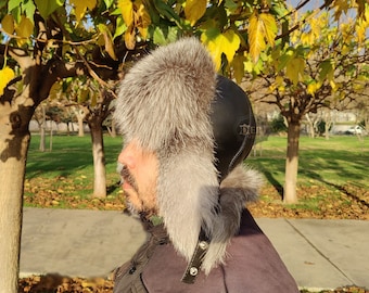 Silver Fur Men Hat, Trapper Hat, Silver Fox Fur Hat, Fashion hat, Silver fox fur hat, Leather hat, Winter hat - Christmas Gifts For Him