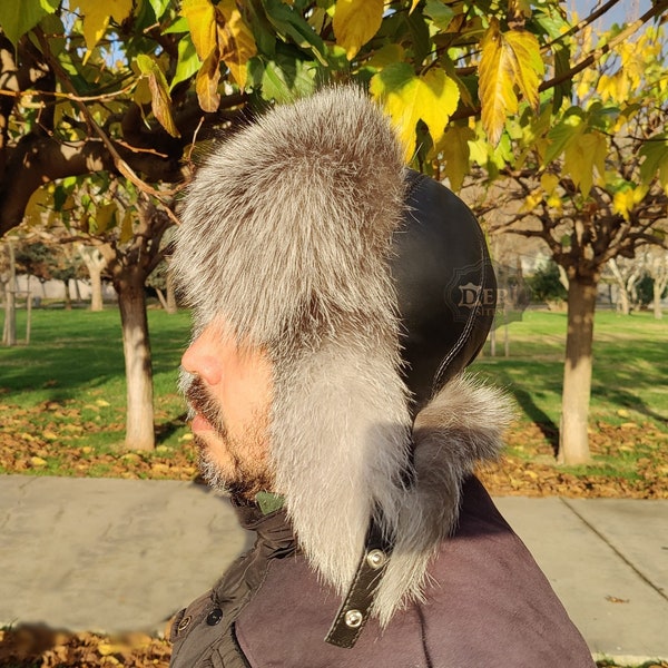 Chapeau homme en fourrure argentée, chapeau de trappeur, chapeau en fourrure de renard argenté, chapeau de mode
