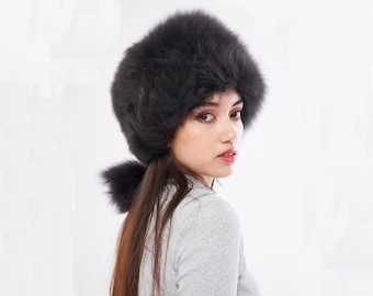 Women’s Black Sheepskin Fur Hat Leather Ushanka Russian Chapka Handmade Warm Winter Cap