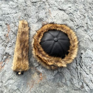 Mongolian Hat, Asian Leather and Fur Hat - Authentic Wolf Fur Pattern - Unisex Winter Hat -Unique Christmas Gift Ideas - Sheepskin and Faux Fur