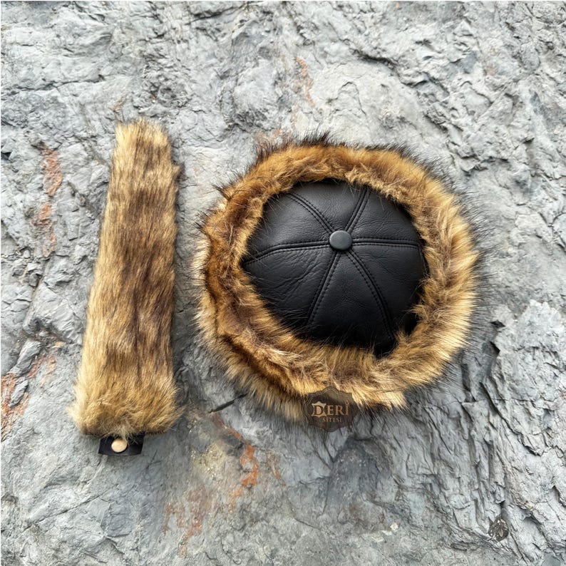 Mongolian Hat, Asian Leather and Fur Hat - Authentic Wolf Fur Pattern - Unisex Winter Hat -Unique Christmas Gift Ideas - Sheepskin and Faux Fur