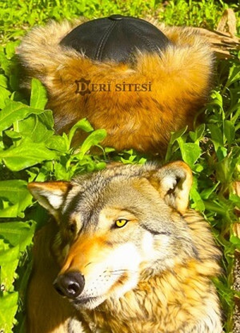 Mongolian Hat, Asian Leather and Fur Hat - Authentic Wolf Fur Pattern - Unisex Winter Hat -Unique Christmas Gift Ideas - Sheepskin and Faux Fur