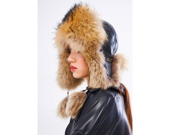 Finn Raccoon Fur Trapper Hat, Winter Hats, Woman's Winter Hat, Raccoon Fur and Real Leather - Christmas Gifts For Her