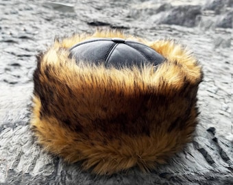 Wolf Pattern Faux Fur Hat – Lamb Leather Top, Handmade Sheepskin Unisex Winter Mongolian Cap