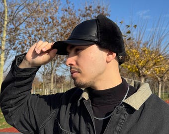 Men's Black Shearling Leather Trapper Hat – Handmade Sheepskin