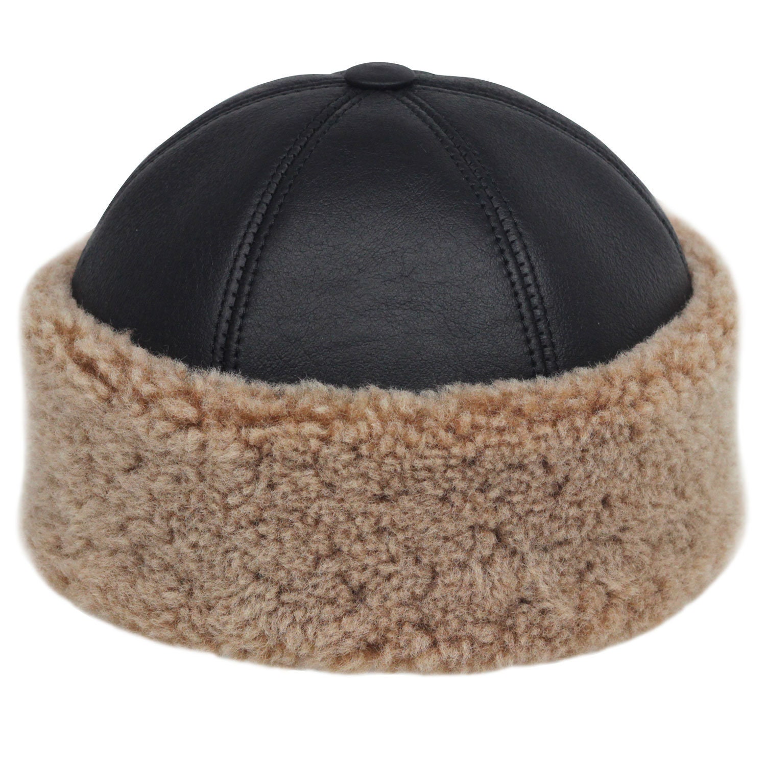 Handmade Beanie Warm Brown Genuine Sheepskin Shearling Fur Hat Real Leather 