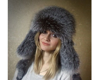 Silver Fur Women Hat, Trapper Hat, Silver Fox Fur Hat, Fashion hat, Silver fox fur hat, Leather hat, Winter hat - Unique Gift