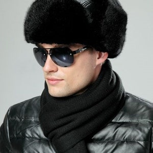 Men's Sheepskin Leather Bomber Hat Winter Trapper Ushanka Aviator Russian Hats image 3