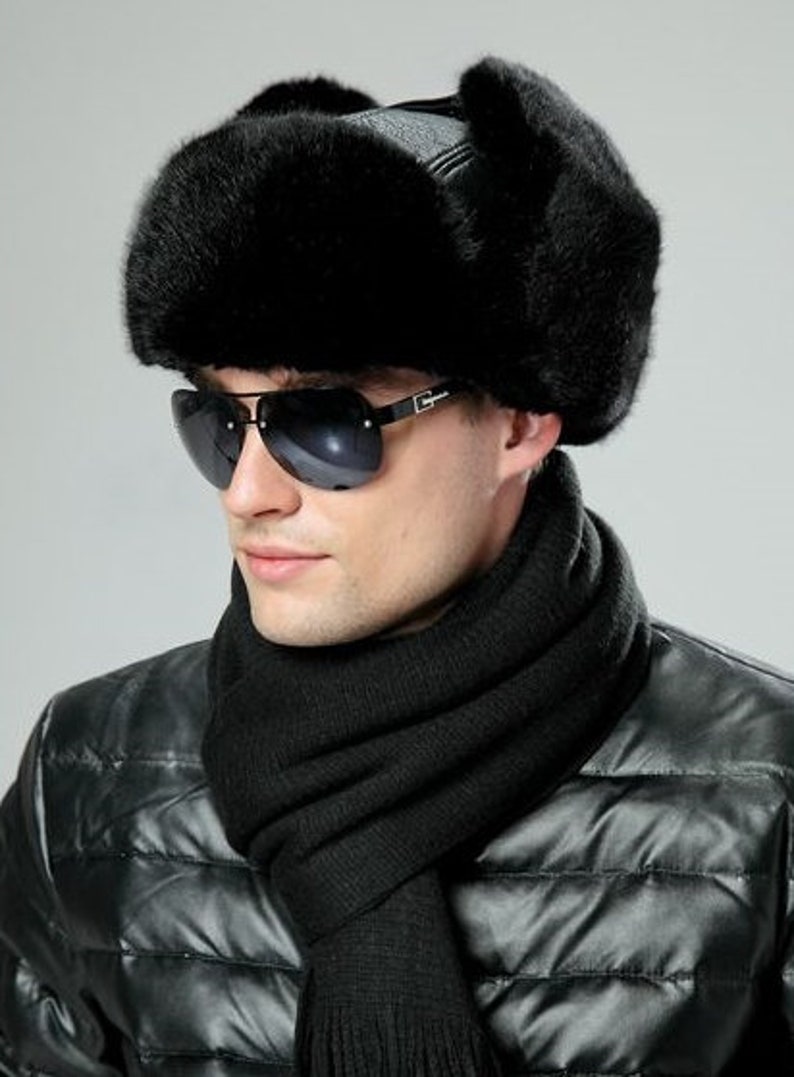 Men's Sheepskin Leather Bomber Hat Winter Trapper Ushanka Aviator Russian Hats image 3