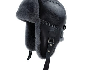 Men's Shearling Sheepskin Leather Aviator Winter Fur Hat, Russian Ushanka  Trapper Cap Grey