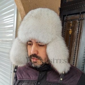 Weißer Pelz Herrenhut, Trappermütze, weißer Fuchspelzhut, Fuchspelz, Modehut, weißer Fuchspelzhut, Lederhut, Wintermütze
