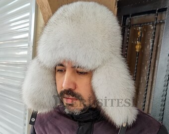 White Fox Fur Hat, Men's Leather Trapper Ushanka, Winter Cap, Handmade Warm  Headwear