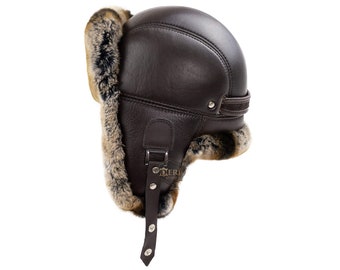 Men's Brown Rex Rabbit Fur Leather Aviator Russian Ushanka Trapper Winter Fur Hat - Best Gift
