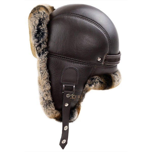 Men's Brown Rex Rabbit Fur Leather Aviator Russian Ushanka Trapper Winter Fur Hat