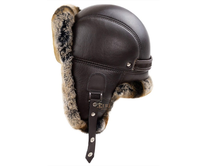 Chapeau aviateur en cuir de fourrure de lapin rex brun russe Ushanka trappeur en fourrure pour homme image 1