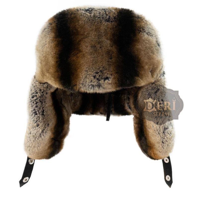 Men's Brown Rex Rabbit Fur Leather Aviator Russian Ushanka Trapper Winter Fur Hat