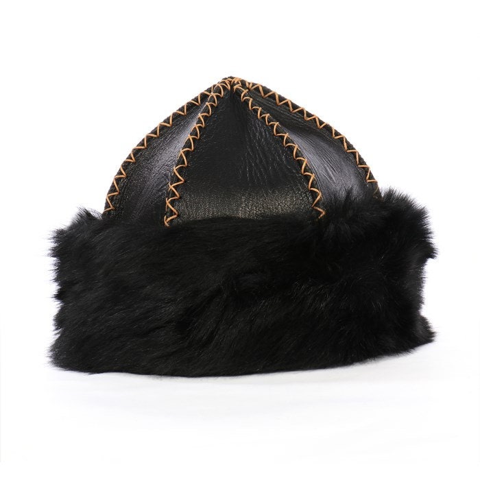 Lambskin Leather Hat – Handmade Braided Archery Style Sheepskin Cap, Traditional Central Asian Medieval Headwear