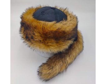 Chapeau de loup - Chapeau mongol, motif authentique de fourrure de loup - Queue amovible