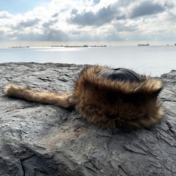 Faux Fur Hat Wolf – Turkish Hats Mongolian Leather Winter Cap with Detachable Tail, Sheepskin