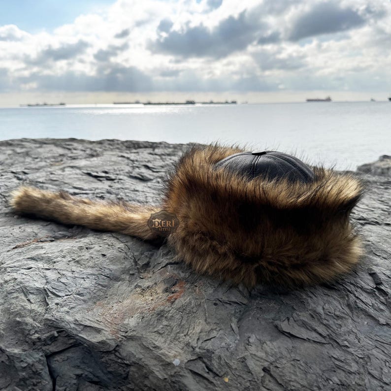 Mongolian Hat, Asian Leather and Fur Hat - Authentic Wolf Fur Pattern - Unisex Winter Hat -Unique Christmas Gift Ideas - Sheepskin and Faux Fur