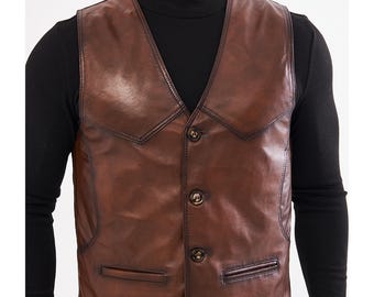 Leather Vest Men Brown Sheepskin Waistcoat Handmade Cowboy Biker Motorcycle Outerwear Western Jerkin