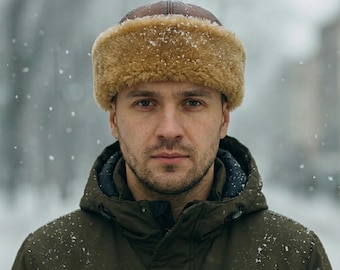 Vintage Brown Shearling Sheepskin Beanie – Men’s Handmade Winter Leather Hat, Outdoor Fur Cap