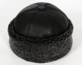Handmade Genuine Leather Sheepskin Shearling Fur Hat - Free Fast Shipping - Grey Round Warm Hat - Ş074