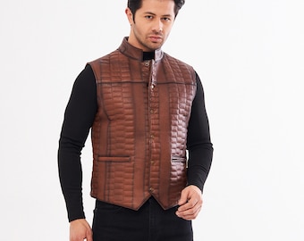 Men's Leather Vest, Slim Fit Brown Biker Leathers Vests, Waistcoat, Genuine Lambskin Sheepskin