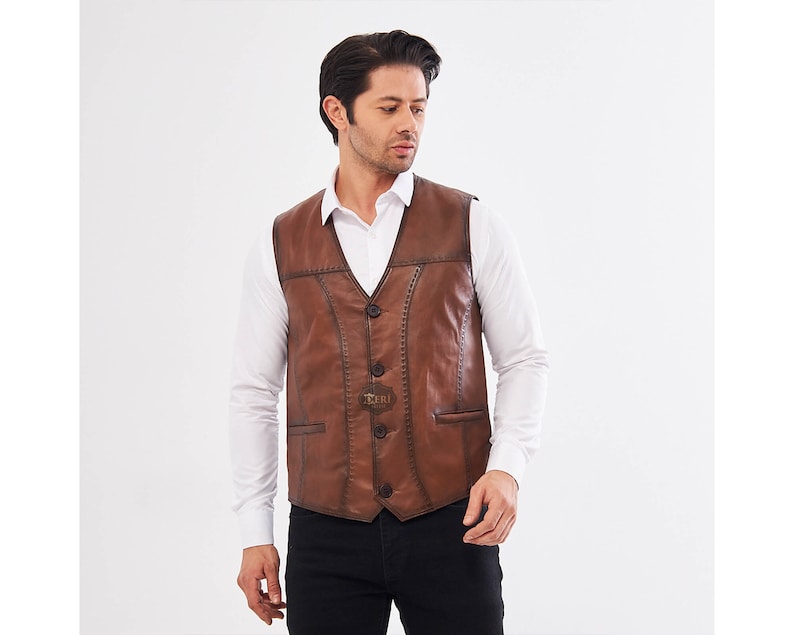 Men's Leather Vest Brown - Premium 100% Lamb Leather - Sheepskin - Free Shipping - Unique Gift for Him - High-Quality Craftsmanship