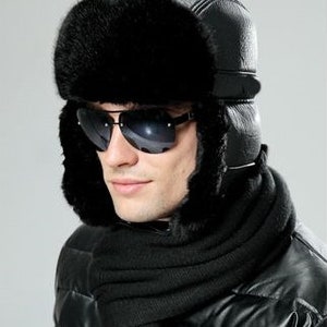 Men's Sheepskin Leather Bomber Hat Winter Trapper Ushanka Aviator Russian Hats image 4