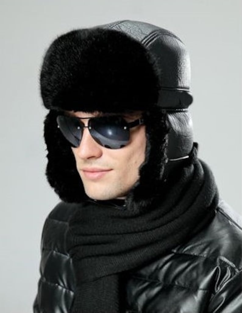 Men's Sheepskin Leather Bomber Hat Winter Trapper Ushanka Aviator Russian Hats image 4