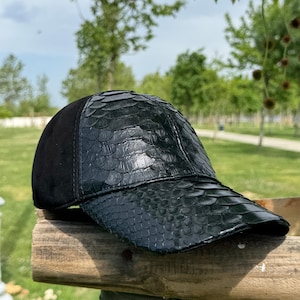 Python Hat - Schlangenhaut Leder Baseball Cap - Verstellbare schwarze Kopfbedeckung, Unisex Streetwear Fashion