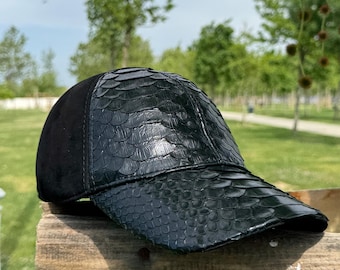 Python Hat - Snakeskin Leather Baseball Cap – Adjustable Black Headwear, Unisex Streetwear Fashion