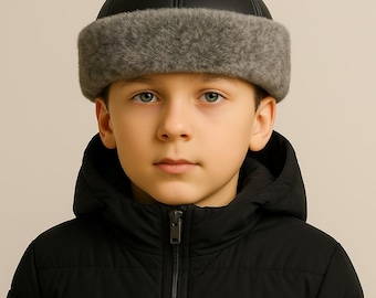 Boys Leather Hat, Winter Sheepskin Hats – Handmade Grey Fur Cap, Warm Lambskin Kids Gift
