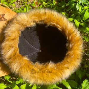 Mongolian Hat, Asian Leather and Fur Hat - Authentic Wolf Fur Pattern - Unisex Winter Hat -Unique Christmas Gift Ideas - Sheepskin and Faux Fur