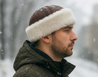 Handcrafted Brown Leather Winter Hats, Sheepskin Hat - Shearling Fur Beanie, Warm Cap Unisex