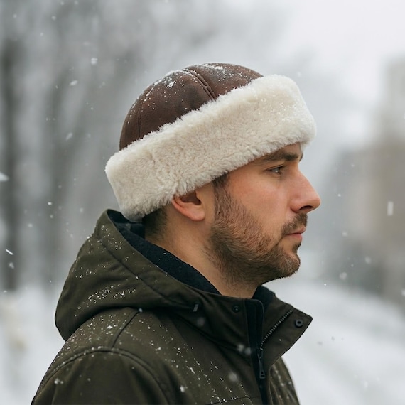 Handcrafted Brown Leather Winter Hats, Sheepskin Hat  display picture 2