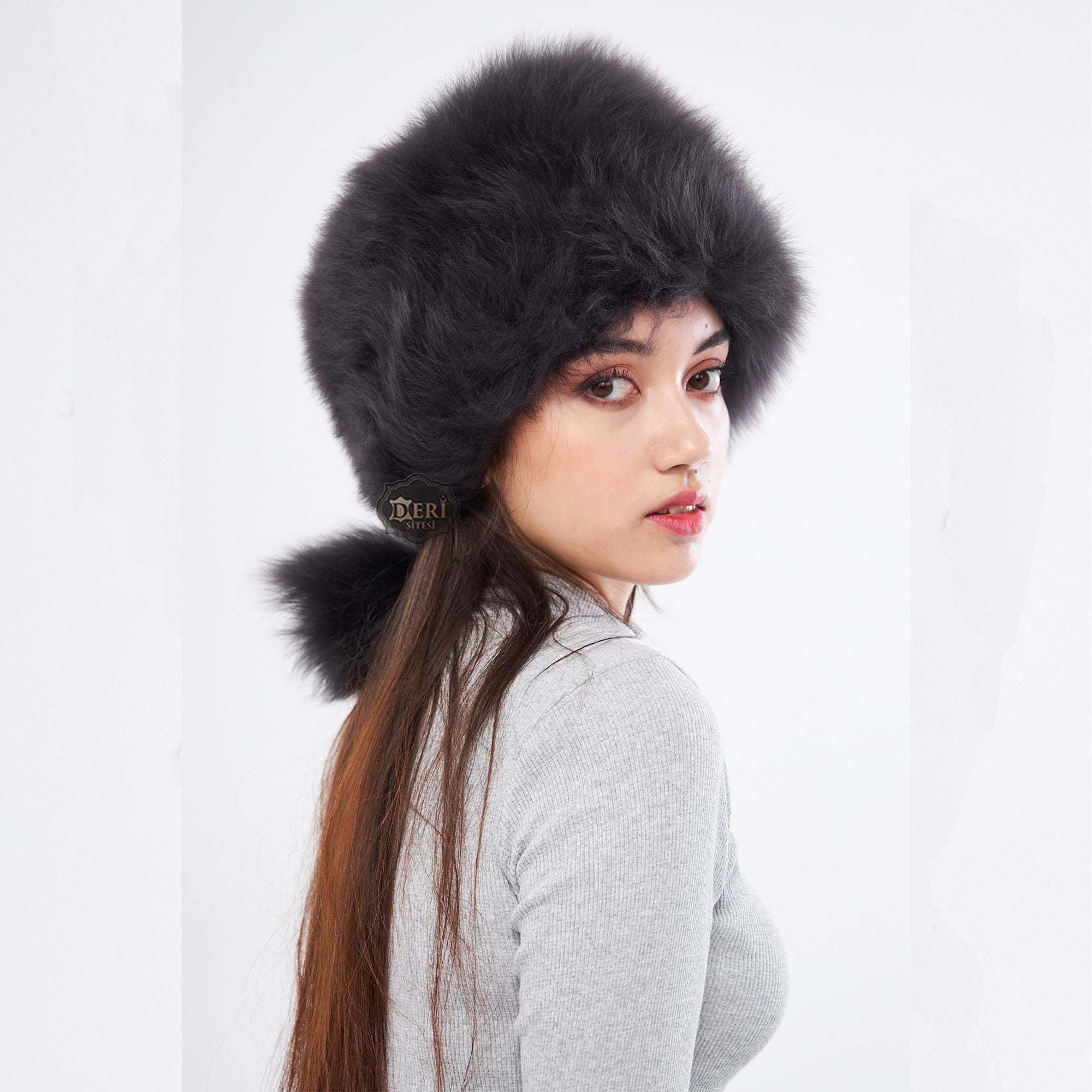 Women's Black Sheepskin Fur Hat Leather Ushanka Russian Chapka