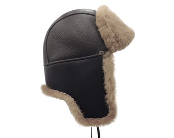 Chapeau d'hiver en fourrure de trappeur Ushanka en cuir fabriqué à la main pour homme et femme