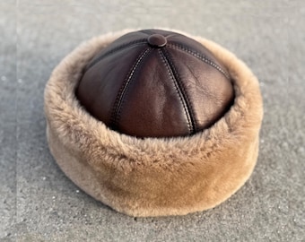 Handcrafted Brown Leather Shearling Hat – Sheepskin Hats Winter Fur Beanie, Warm Cap Unisex