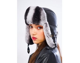 Grey Rex Rabbit Fur Ushanka – Women’s Handcrafted Leather Trapper Hat,  Russian Winter Fashion Cap